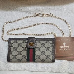 Vintage Gucci Ophidia Bifold Wallet Gold Chain Signature Monogram COA